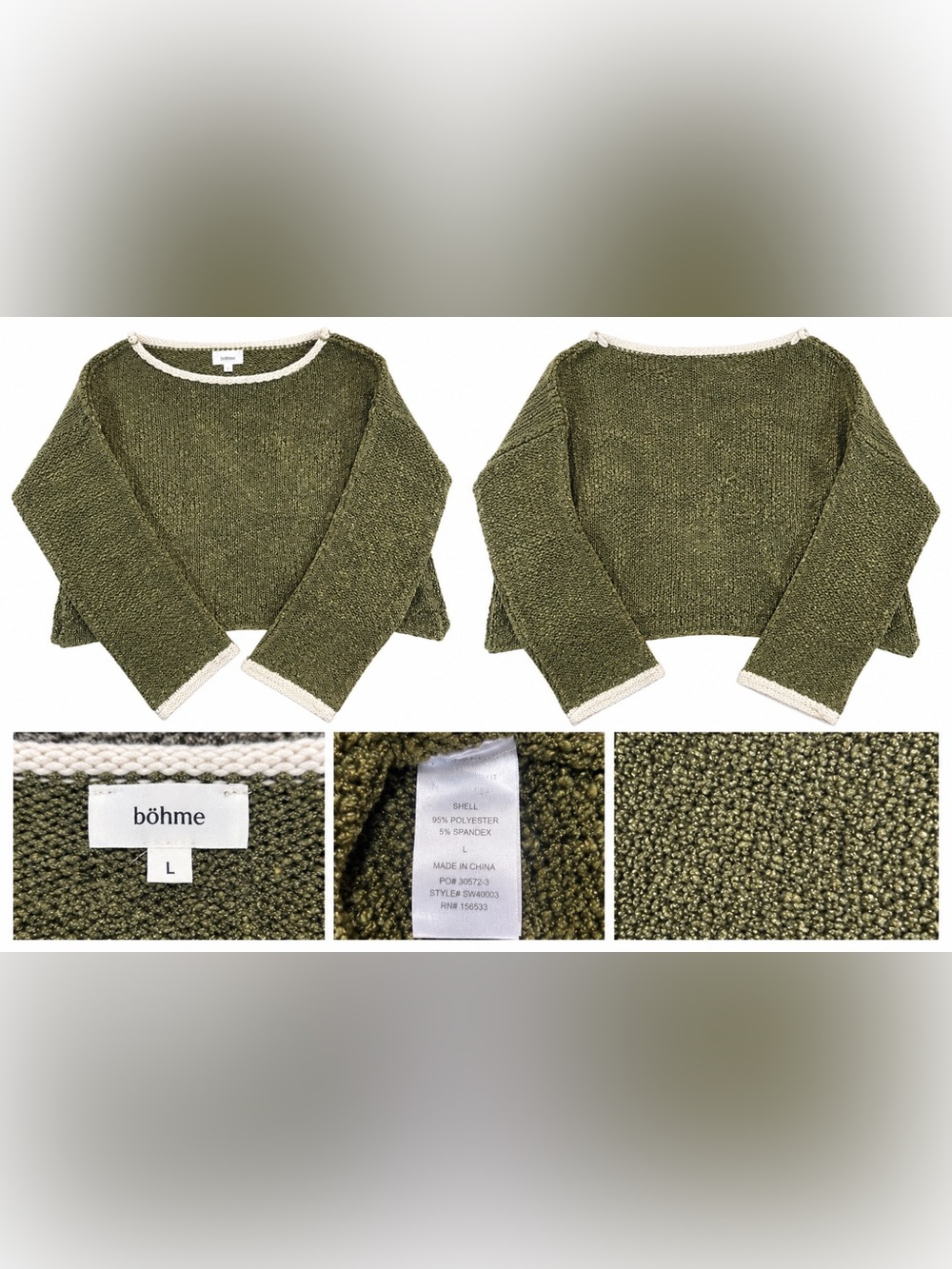 Böhme Olive Green Contrast Trim Knit Sweater Women’s L